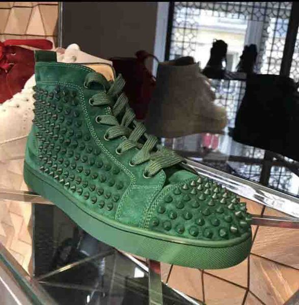 

designer fashion luxury shoes red bottom studded spikes flats shoes for men women green suede genuine leather casual sneakers version, Black