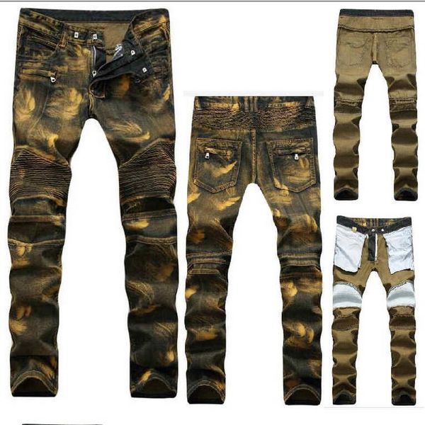 

2020 men biker jeans jeans pleated motorcycle biker denim pants men slim elastic yellow punk denim trousers plus size 28~42, Blue