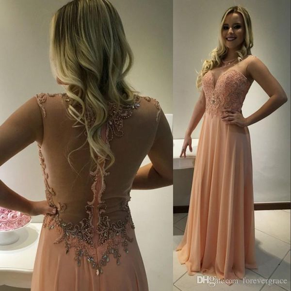

2019 a line crew neck evening dress peach sheer backless appliqued pageant formal holiday wear prom party gown custom made plus size, Black;red