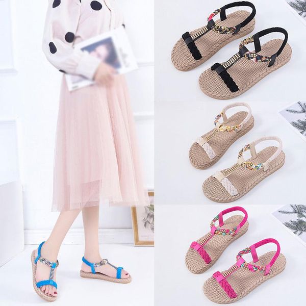

summer trendy sandals women open-toe sandalias bohemian rhinestone flat shoes woman elastic band beach sandals zapatos mujer #c4, Black