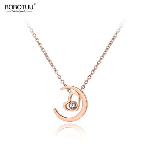 

bobotuu trendy lovely titanium stainless steel heart & moon necklaces jewelry cz pendant chain necklace for women girls bn19067, Silver