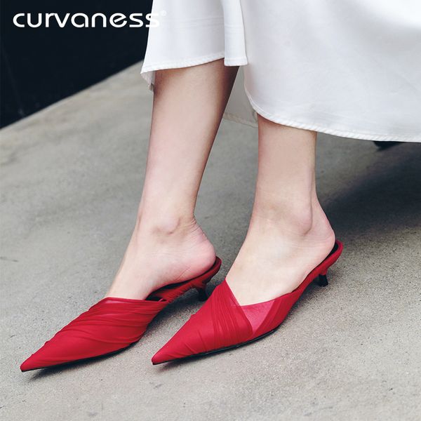 

pointed toe mules middle heels women suede leather fashion shoes ladies slippers summer designer casual pump shoes new 2019, Black