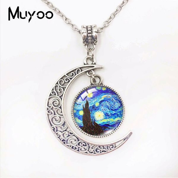 

famous oil painting van gogh's painting starry night glass done cresent moon shaped pendants hand craft jewelry gifts, Silver