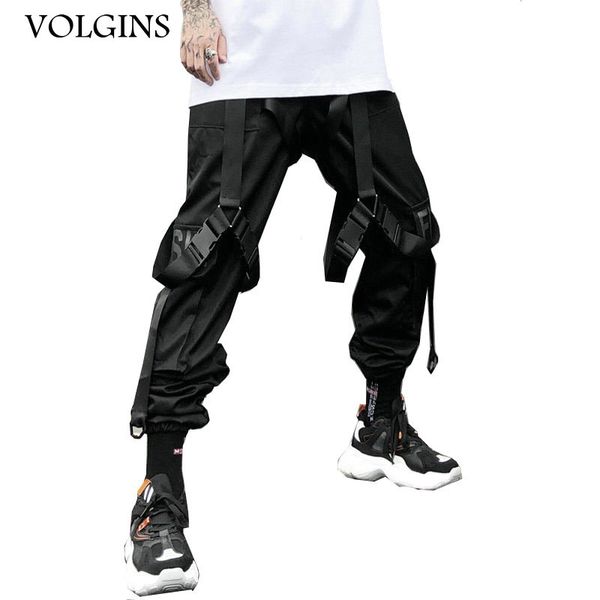

men's pants streetwear cargo men harajuku tactical ribbon multi-pocket trousers women elastic waist hiphop male black pant
