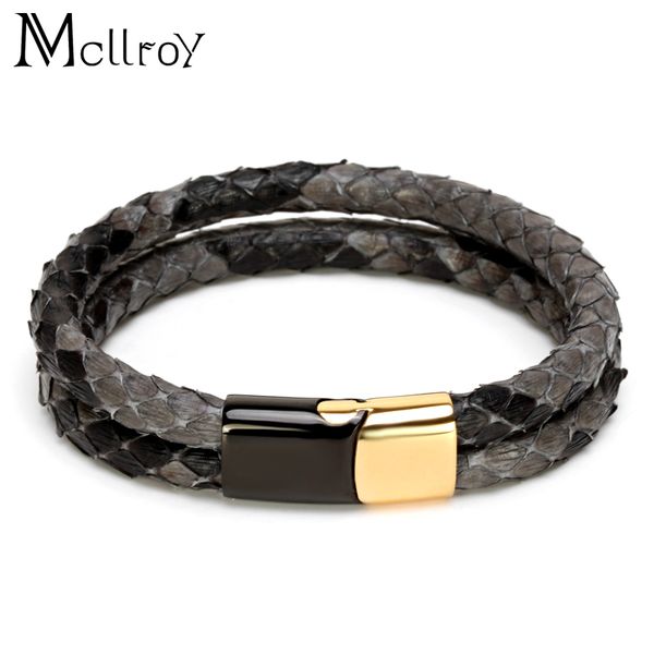 

mcllroy 6mm snake skin bracelet stainless steel leather bracelet with magnetic buckle claps double leathe bracelet for men c19021501, Black