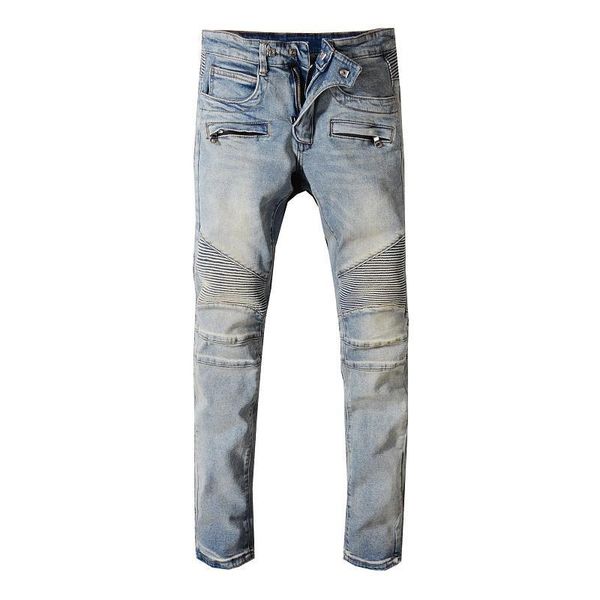 

mens new designer jeans hip hop distressed zipper jeans men fitting ripped denim pants size 29-42, Blue