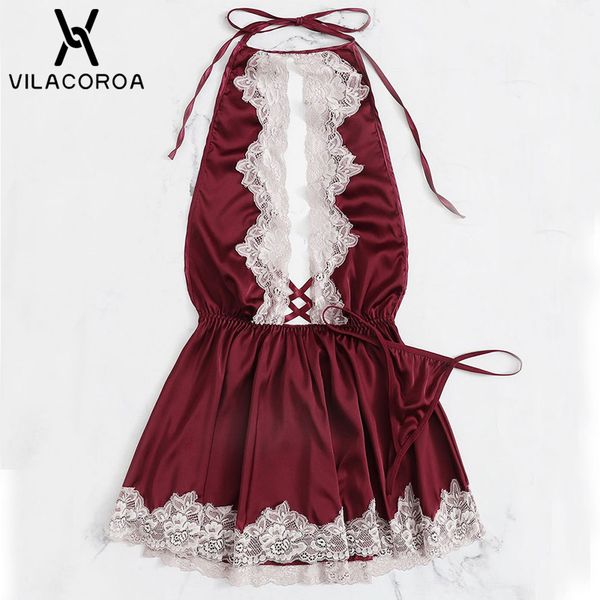 

silk women nightdress burgundy lace bandage hanging neck sleeveless mini night dress for women sleepwear ladies nighty 2019, Black;red