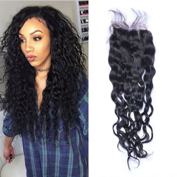 Human Hair Swiss Lace Closure Water Wave 4x4 Free Middle Three