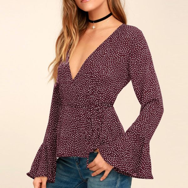 

blouses woman 2019 fashion women v-neck bandage long flare sleeve dots blouse blusas mujer de moda, White