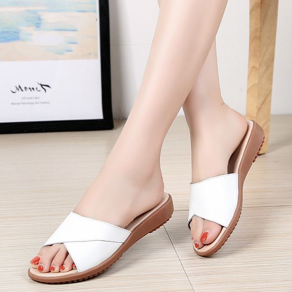 

slippers 2021 summer women slip on round toe flat slides sandals white black leather flip flops