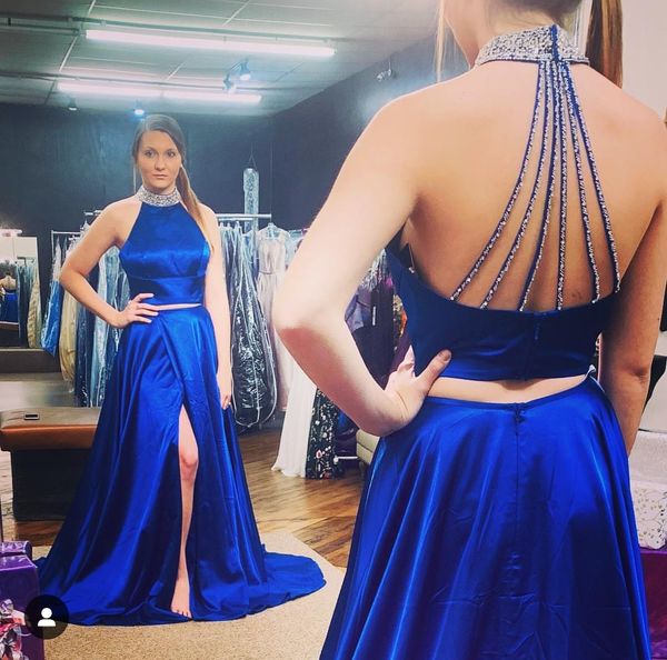 

elegant women's a-line long royal blue beaded evening dresses vestido de festa halter sleeveless robe de soirÃ©e prom party gowns, Black;red
