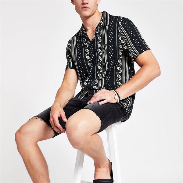 

men's shirts summer fashion casual lapel print short sleeve breathable hawaiian male shirt men blouse brand clothing, White;black