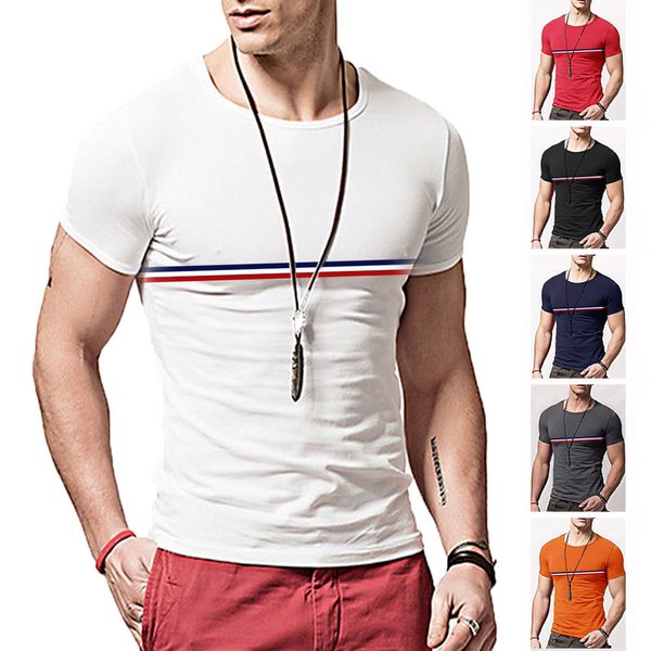 

2020 new summer mens casual cool solid color shirts round o neck style striped mens t shirt, White;black