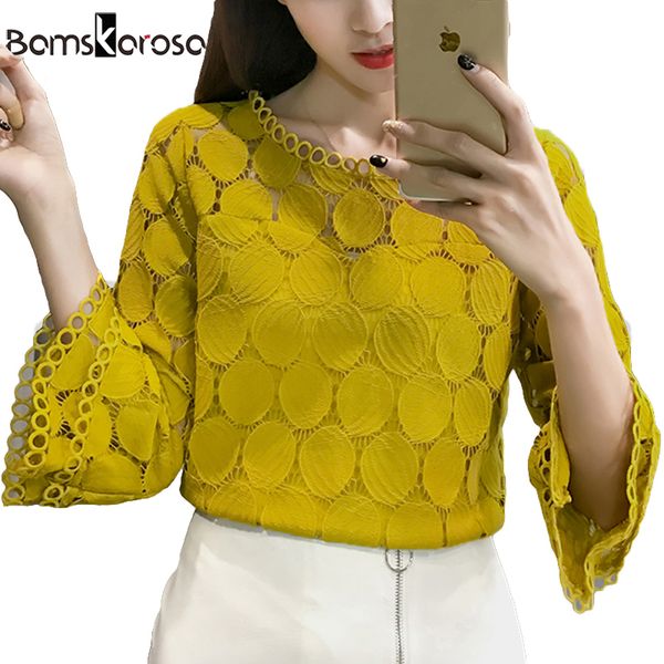 

white lace blouse women shirt 2019 summer korean style flare sleeve o-neck hollow out casual ladies lace blusa feminina
