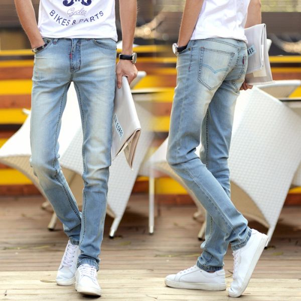

light color jeans men's straight-cut autumn and winter korean-style slim fit faded teenager elasticity dark blue long pants 2268