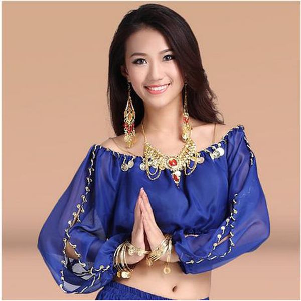 

new arrival chiffon belly dance momen gold coins long sleeves belly dance 9 colors, Black;red
