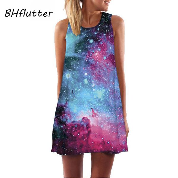 

bhflutter harajuku sky print summer dress women fashion sleeveless chiffon summer dress 2019 cute mini boho beach vestidos, Black;gray