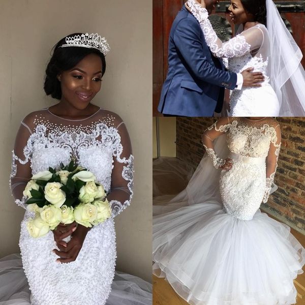 

stunning pearls full beaded arabic mermaid wedding dresses vintage long sleeves sheer crew neck lace appliqued vestidos plus size, White