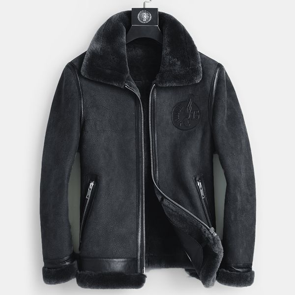 

2019 fashion real sheepskin fur men coat genuine full pelt sheep shearling male winter leather bomber jacket, Black