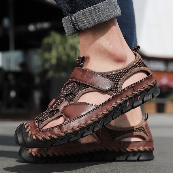 

mens genuine leather casual shoes man classic roman cowhide sandals summer sandals outdoor beach shoes male sneakers size 38-48, Black