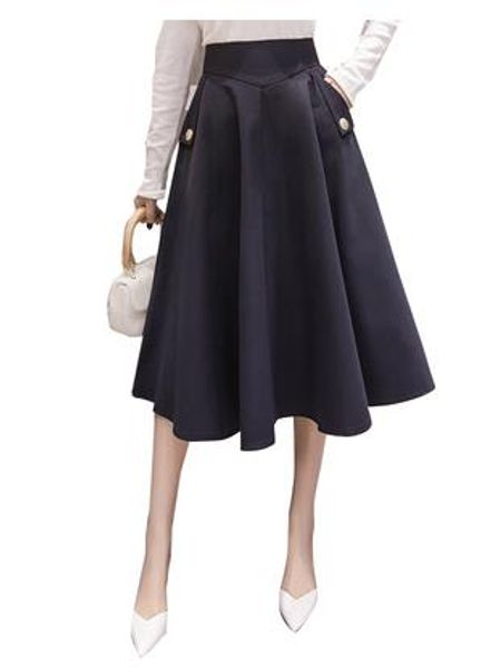 

2020 summer skirts womens high waist a line big swing midi skirt pockets office lady elegant women skirt jupe femme falda ae130, Black