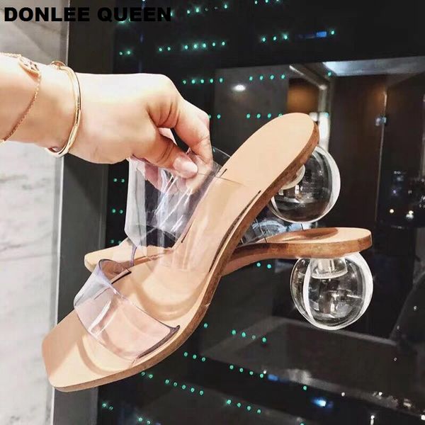 

summer crystal geometric heel women slippers shoes transparent pvc sandals square toe ball heel slide sandalias mujer 2019 party, Black