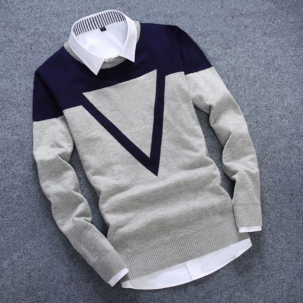

new knitted man sweater triangle fashion men casual cotton autumn mens sweaters fake shirt keep warm winter pull homme j705, White;black