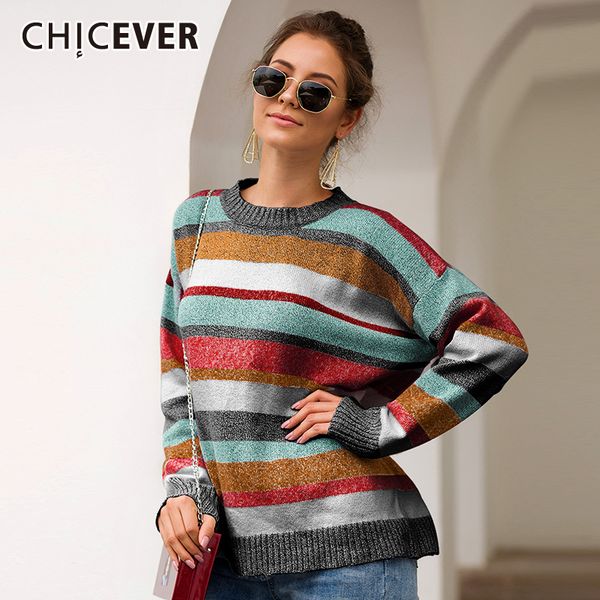 

chicever striped hit color female jumper sweaters o neck long sleeve loose casual knitting sweater for women fashion new autumn, White;black