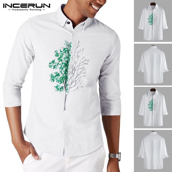

2020 men summer printed shirts casual turn down color shirt man tree pattern floral blouse fashion buttons white incerun, White;black