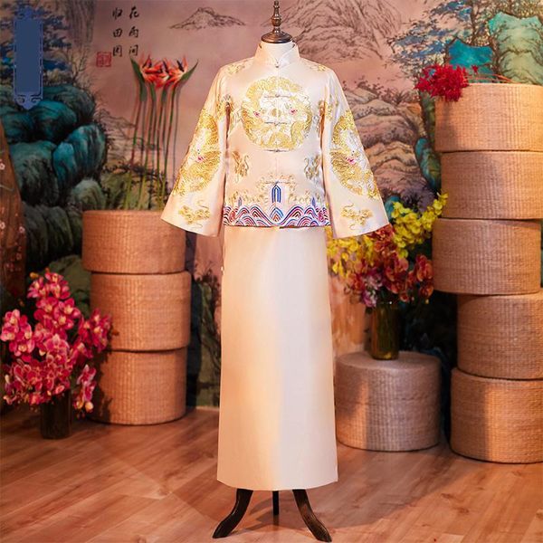 

champagne 2pcs wedding bridegroom suit dragon embroidery chinese cheongsam men full length toast clothing classic party costume, Red