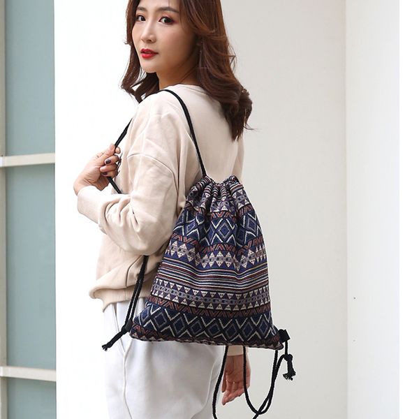 

daily foldable travel fashion retro style drawstring backpack large capacity sack durable geometrical practical hided pocket