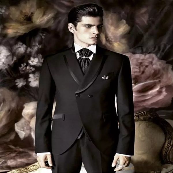 

british style black groom tuxedos peak lapel groomsmen mens wedding dress excellent man jacket blazer 3 piece suit(jacket+pants+vest+tie)186, Black;gray