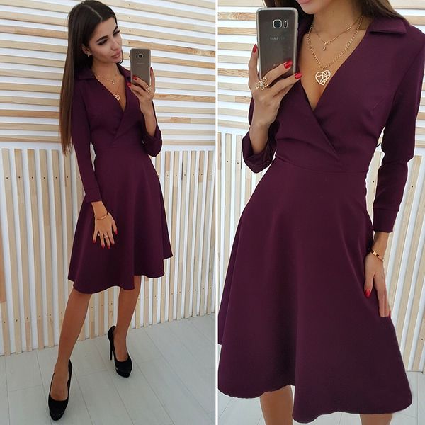 Mulheres Vestido Do Vintage Outono Manga Comprida Com Decote Em V Profundo Sexy A-Line Na Altura Do Joelho-Comprimento Vestido de Festa Das Mulheres do Sexo Feminino Senhoras Boate Camisa Vestido