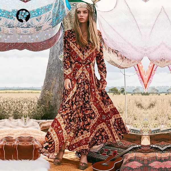 

Autumn long boho women dress v neck full sleeve print high cut out dresses vestidos elegant bohemian style dress