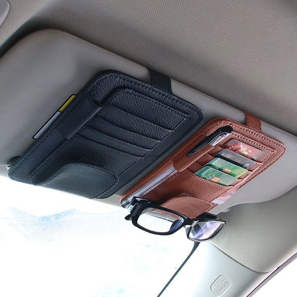 

car sunglasses holders clip ticket card organizer pu leather storage bag for car sun visor mount case in accessory for auto