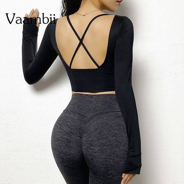 

2020 new women's open back shirts long sleeve workout clothes athletic yoga gym with thumb holes, White;red
