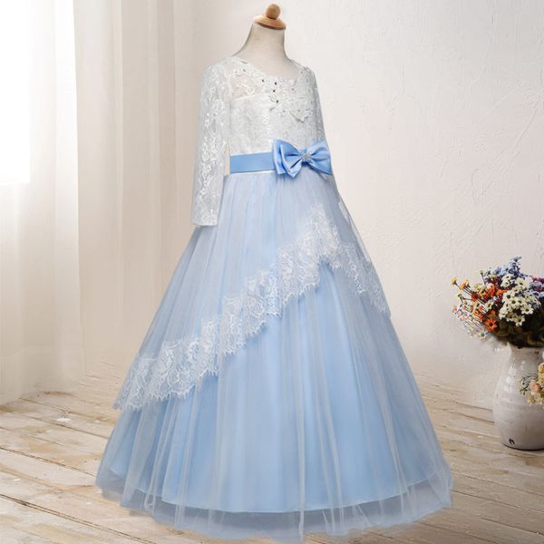 

children wedding dress girls three-quarter-length sleeve lace princess dress hu bow backless puffy long skirts, Red;yellow