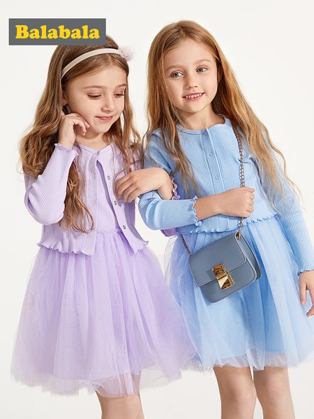 

balabala children clothing girls clothes set spring 2019 new children baby knit dress set dress +candigan, White