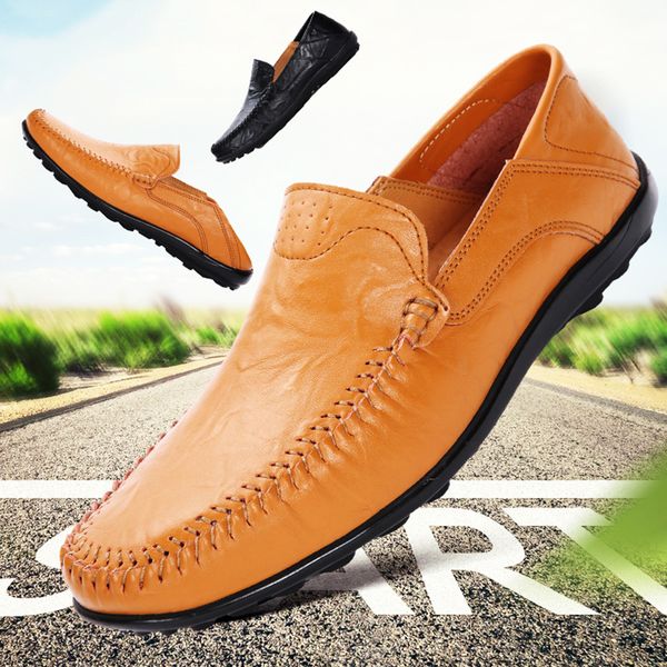 

new men's loafers casual flat driving boat shoes leather oversized large size 47 brown comfortable home 2020 lightweight, Black