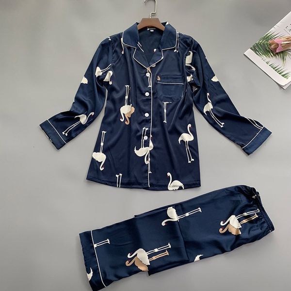 

new 2019 fashion лета женщин пижамы с длинным рукавом печатный ночное satin top брюки наборы navy, красный, розовый цвет размер , l, xl, Black;red