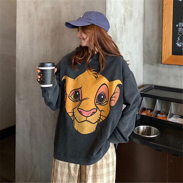 

the lion king cartoon print hoodie women loose casual cute long sleeve lady pullover harajuku streetwear sweatshirt clothes, Black