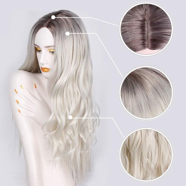 

synthetic wigs 28 inch wavy ombre platinum blonde middle part long body wave for black women heat resistant party