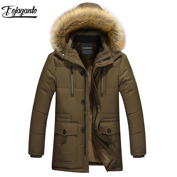 

fojaganto thicken warm men parkas hooded fleece man's jackets outwear winter brand solid color cotton coat parka male, Black
