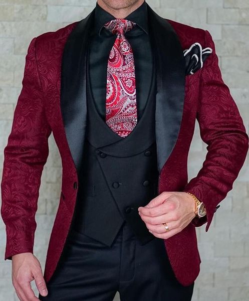 

fashion burgundy embossing groom tuxedos shawl lapel bridegroom blazer men formal suits prom party suits (jacket+pants+tie+vest) 65, Black;gray