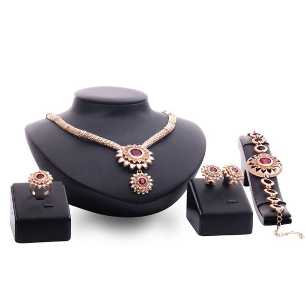 

spring selling sunflower shape jewelry sets inlaid zircon red passionate unrestrained necklace bracelet ring earrings sets, Silver