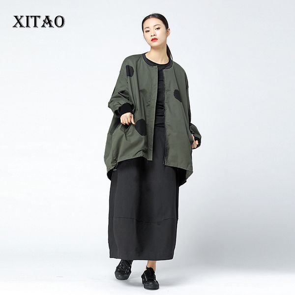 

xitao] korea 2017 new autumn fashion casual women dot pattern loose coat female full sleeve o-neck irregular trench xww949, Tan;black
