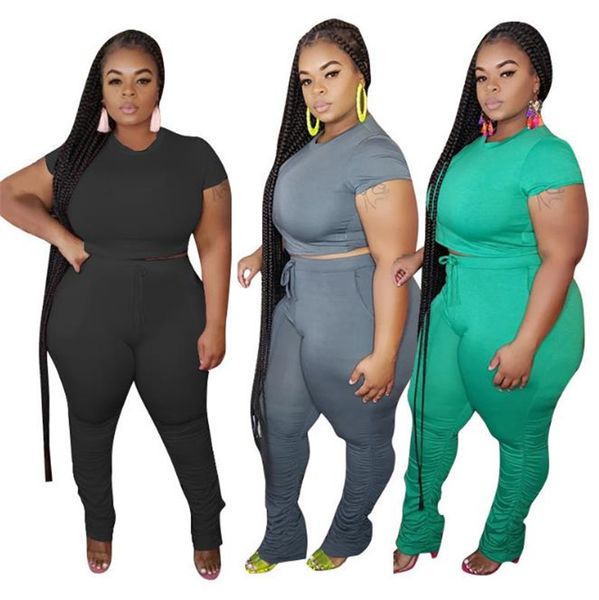 

plus size women 2 piece set casual solid stacked pants sets short sleeve o neck summer suits, White