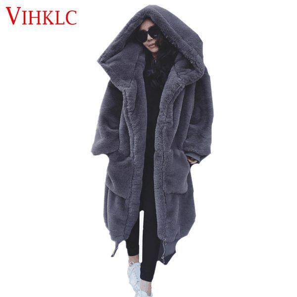 

2018 autumn winter women parkas new women thick warm long faux fur jackets loose large size hooded plush coat c378, Black