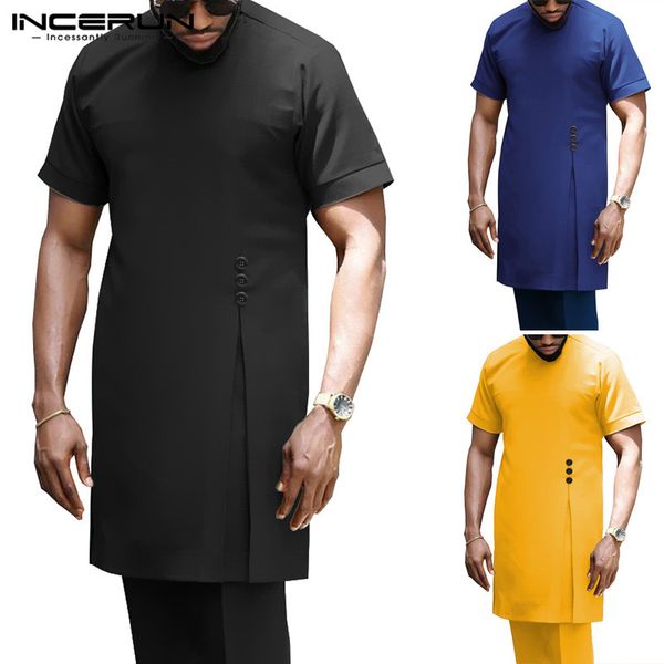 

incerun 2020 men round neck short sleeve robes clothing man solid long shirt casual muslim kaftan blouse s-5xl, White;black