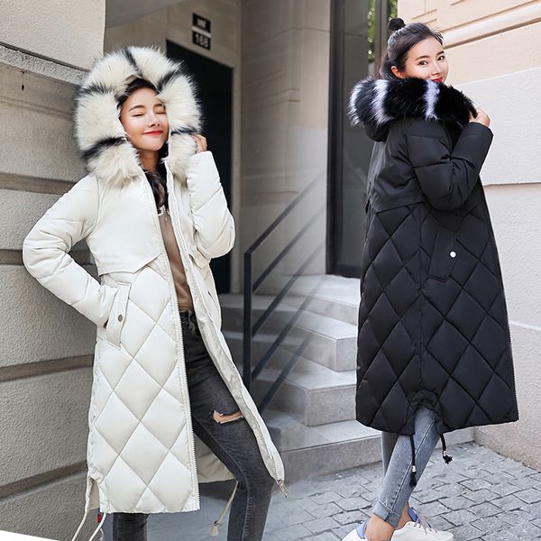 

2019 new winter mid-length jacket slim fit fur collar hooded down cotton dress fashion thickened coat, Black
